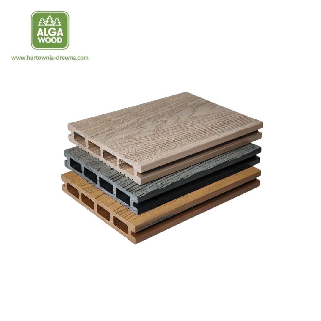 Lame de terrasse composite WPC 2,3 × 14,6 cm brossée rainurée – Teck doré, Sapin argenté, Sapin graphite